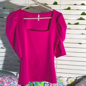 Bright pink square neck top with gathered shoulders